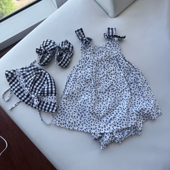 Baby kid set body Dress + hat + shoes 1/3 months Jacadi strapless blue white - Picture 1 of 5